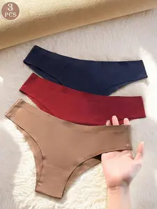 3pcs Women Solid Color Seamless Silky Invisible High Waist Briefs