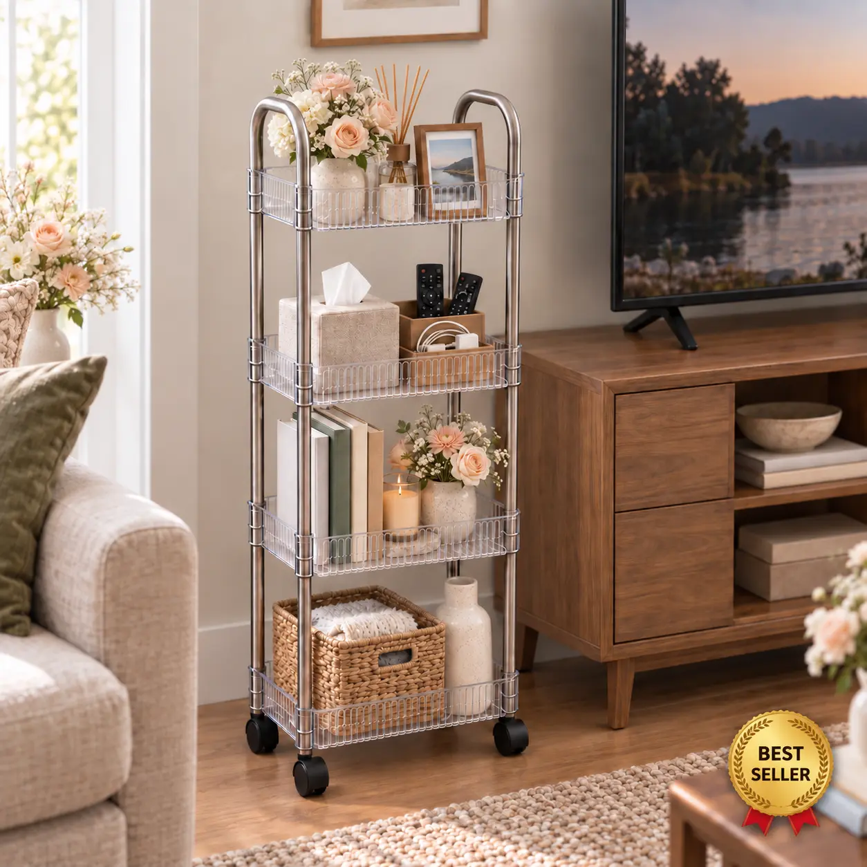 4-Tier Rolling Storage Cart, Metal Utility Cart with Wheels, Bathroom Organizer for Kitchen, Laundry Room and Home