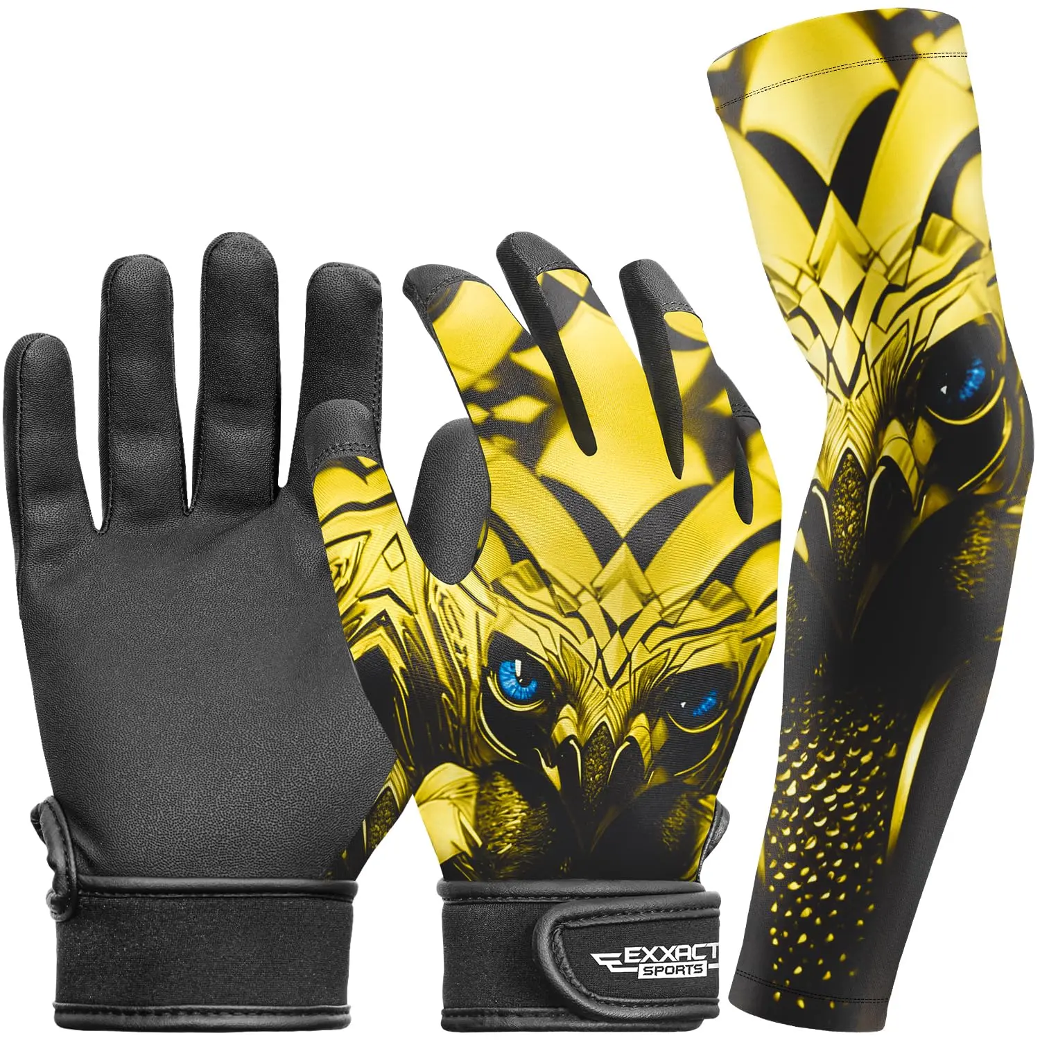 Exxact Sports Youth Children's Baseball Batting Gloves with Compression Arm Sleeve - Engineered Leather, Adjustable Neoprene Strap, Durable Construction, Grip Control, Vibrant Style Graphics, Machine Washable, Essential Support for Batting Practice, Bold,