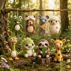 Cute Crochet Animal Plush Set – Handmade Amigurumi Woodland Friends, Frog Bear Mouse Sheep Dino Sloth Giraffe, Soft Baby Room Decor Gift