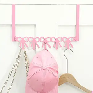 Pink Bow Over The Door Hooks Hanger Wall Mount Towel Hanger Door Holder Organizer 5 Hooks Kawaii Farmhouse Rustic Coquettish Style Decor for Bedroom Bathroom Towel Hat Clothes