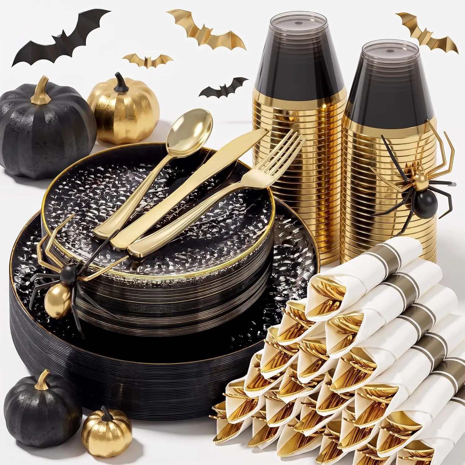 175 Pcs Black Gold Plastic Plates for Wedding