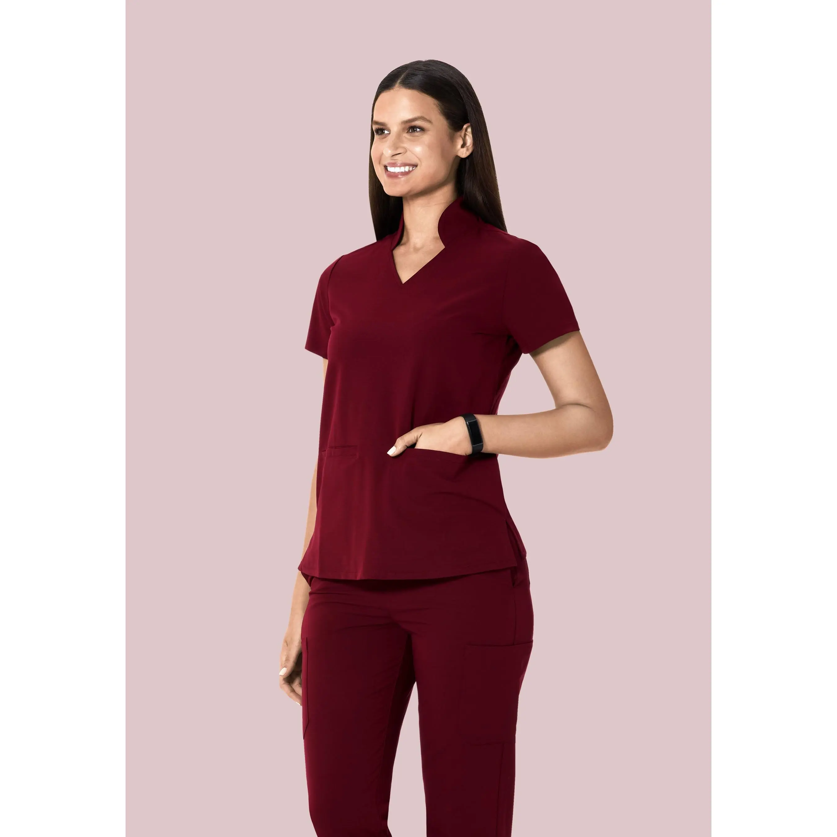 Women's Collared Neck Multi-Wear Blouse Top - Equa-tek™ Breathable Spill-Repellent High Stretch Fabric, Wine Color, 6 Pockets, Plus Size Womenswear Shirt