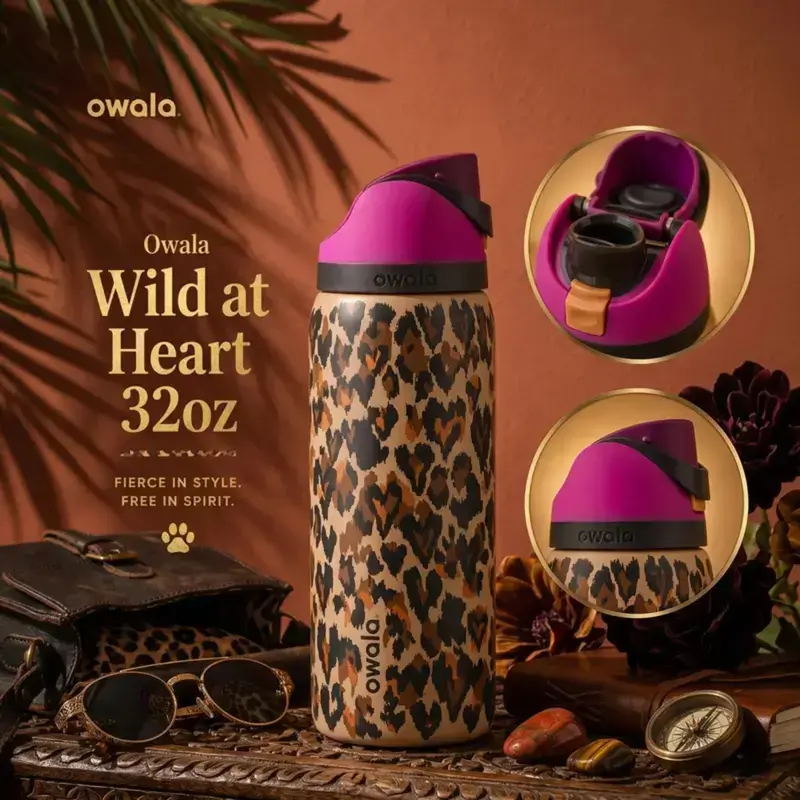 Owala Wild at Heart 32oz Insulated Water Bottle – Leopard Print FreeSip Travel Tumbler, Leak Resistant Stainless Steel Bottle, Reusable Gym Cup, Trendy Gift for Women