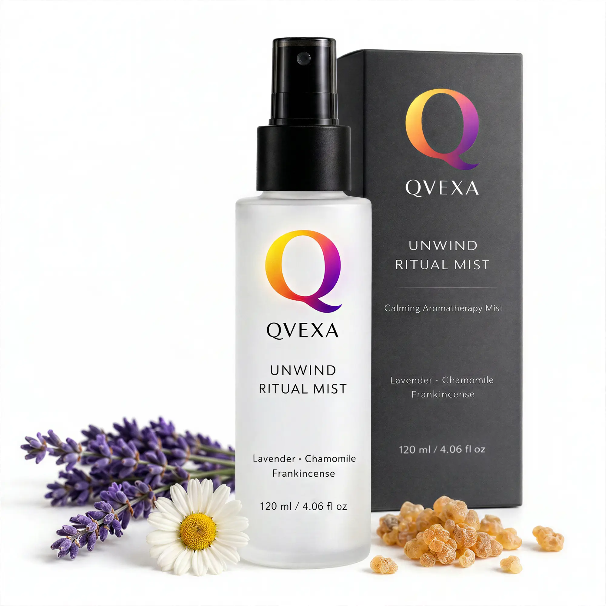 QVEXA Unwind Ritual Mist - Lavender Chamomile Frankincense 4.06 fl oz Fine-Mist Pump Pillow Spray Essential-Oil Based for Pillows & Bed Linens