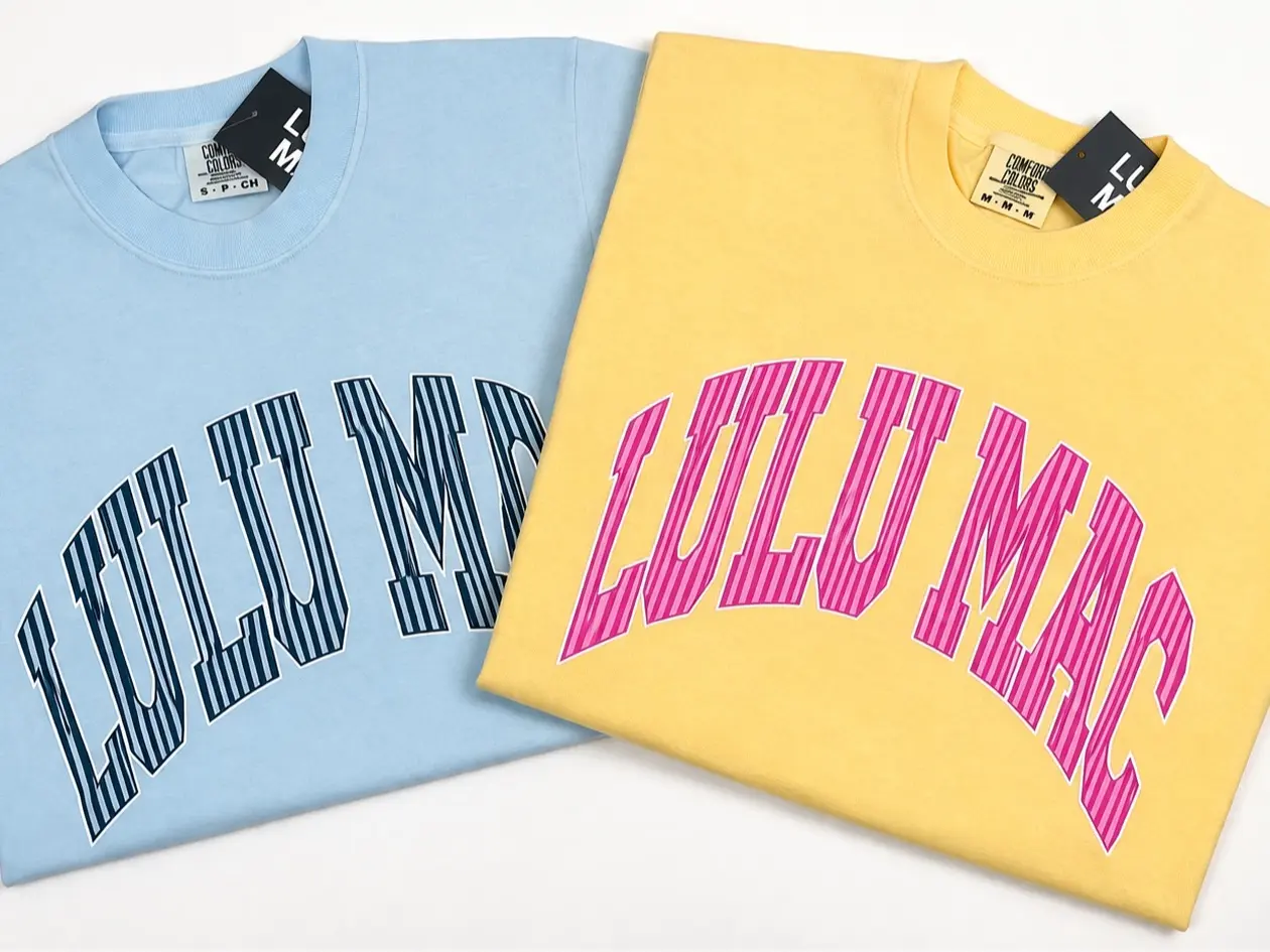 Lulu Mac Women's Oversized Striped Logo Graphic T-Shirt, 100% Cotton Casual Athletic Round Neck Short Sleeve Top, Vibe, Fabric, Tshirt, Relaxed Fit, Comfy, Collegiate Logo, Preppy Cute, Striped Letters, Shortsleeve, Breathable, Everyday, Collegiate Print