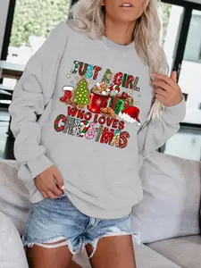 Women's Casual Christmas Print Pullover Sweater, Soft Long Sleeve Round Neck Sweatshirt, All-Season Comfortable Wear
