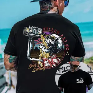 Sullen Art Co Beer & Loathing T-Shirt, Gothic Skull Drinking Beer Graphic Tee, Vintage Tattoo Streetwear, Edgy Rock Gift for Men
