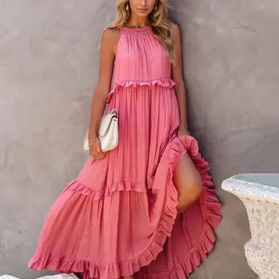 knee length dresses for ladies Light Champagne Modest Organza High Neck Ruffle Long Dress L main image 0