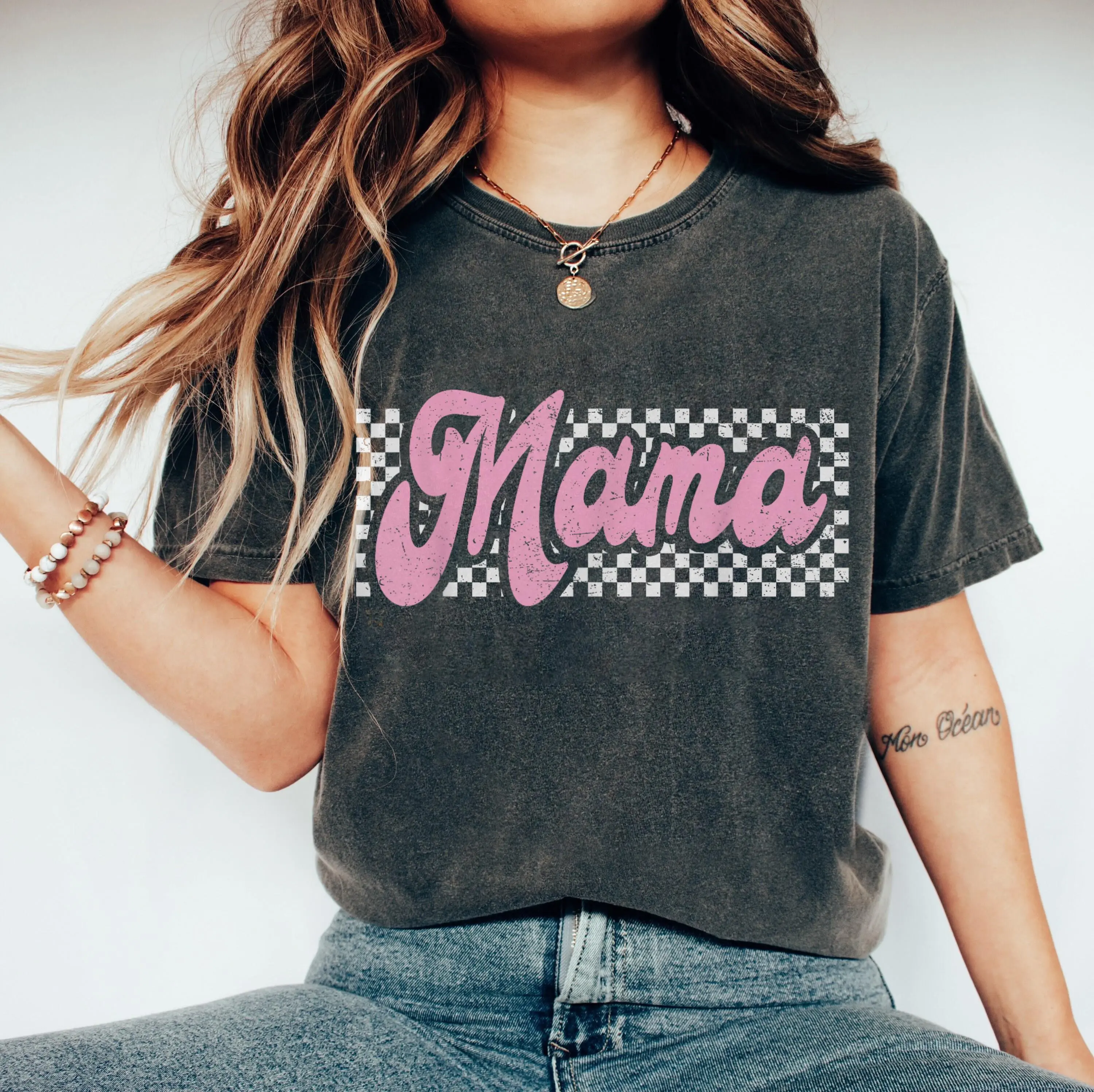 Checkered Mama Shirt, Mother's Day Pink Checker Print T-Shirt, Gift For Her Tops