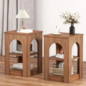 Giratree End Table Set of 2, Mid-Century Modern Side Table with 3-Tier Storage Shelves and Arched Carving Lines, Square Fluted Nightstand for Living Room, Bedroom, or Office