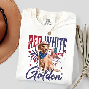 [Sale off up to 50%] Red White And Golden Comfort Color Shirt, Independence Day Shirts, Golden Shirt, 4th Of July Dog, Patriotic Dog Shirt, Freedom Shirt, Golden Lover Gift