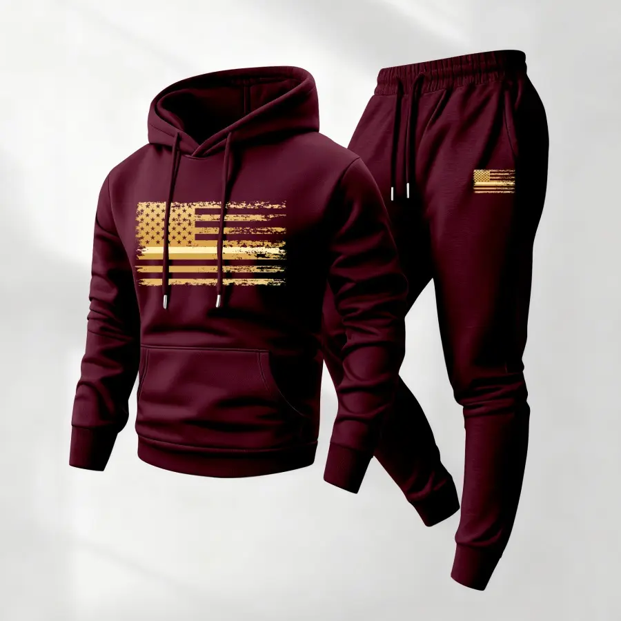 Men's Golden USA Flag Printed Hoodie and Drawstring Sweatpants Set, Menswear, Casual Athletic Long Sleeve Hooded Jacket & Trousers for Fall & Winter, Men's Clothing for Daily Wear, Sportswear Indoor Outdoor, Tracksuit, Athleisure Summer Clothes