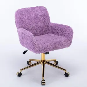 Plush Faux Fur Desk & Vanity Chair with Gold Base – Comfy Adjustable Girls Desk Chair, Makeup Chair, 360° Swivel, Tilt Backrest, Rolling Wheels – Modern Chic Home Office Seating,Violet