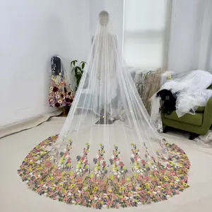 Colorful flowery Bridal Veil with Delicate Lace Appliques Elegant Cathedral Veil Customizable Length for Wedding Ceremony