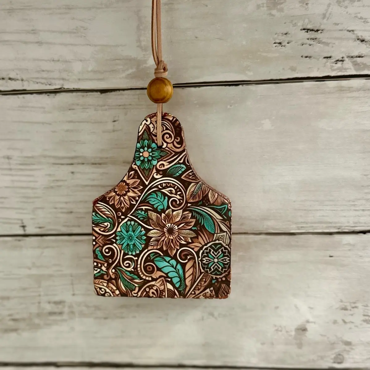 decorative hanging car freshie, cow tag, cardstock faux leather brown/teal