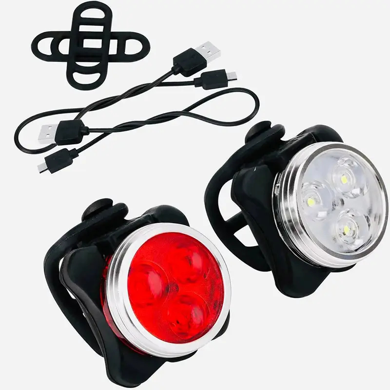 USB Rechargeable Bike Light Set - Rechargeable LED-Powered Handle Bar Front Headlamp, Waterproof 4-Mode Rear Tail Light, Silicone & Plastic Construction, Outdoor Riding Bike Accessory, Father's Day Gift, Rechargeable Led-Powered Headlights, Front Light He