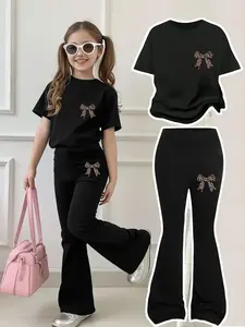 Girls' Leopard Bow Sweet Cool Bell Bottoms Set, Round Neck Short Sleeve Top & Bell Bottom Pants, Casual Fit All Seasons, Leopard Print Set