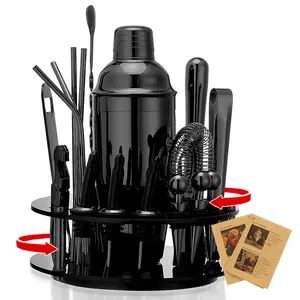 Bar Set with Rotating Display Stand,19-Piece Stainless Steel Cocktail Shaker Bar Tools with Recipes Booklet for Home,Bars and Parties Black