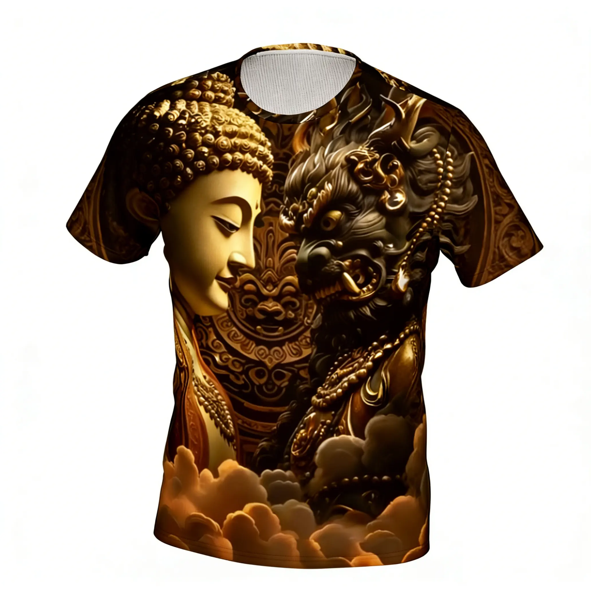 Unisex Buddha & Guardian Lion Print T-Shirt, Ornate Spiritual vs Mythical Graphic Tee, Golden Clouds All-Over Print Short Sleeve, Zen & Folklore Streetwear Top