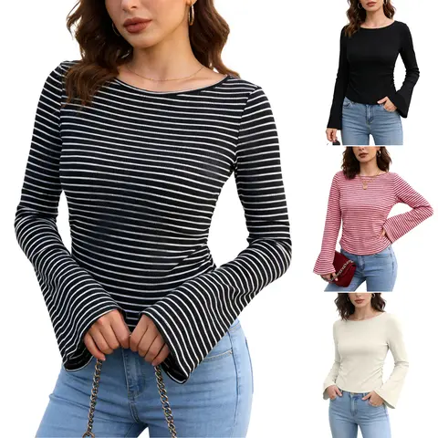 UANEO Women's Long Sleeve Shirts 2026 Spring Crop Going Out Tops Casual Boat Neck Bell Sleeve Ribbed Ruched Y2K Clothes 95% Cotton 5% Spandex High-Stretch Comfortable