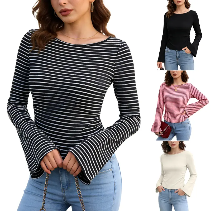 UANEO Women's Long Sleeve Shirts 2026 Spring Crop Going Out Tops Casual Boat Neck Bell Sleeve Ribbed Ruched Y2K Clothes 95% Cotton 5% Spandex High-Stretch Comfortable