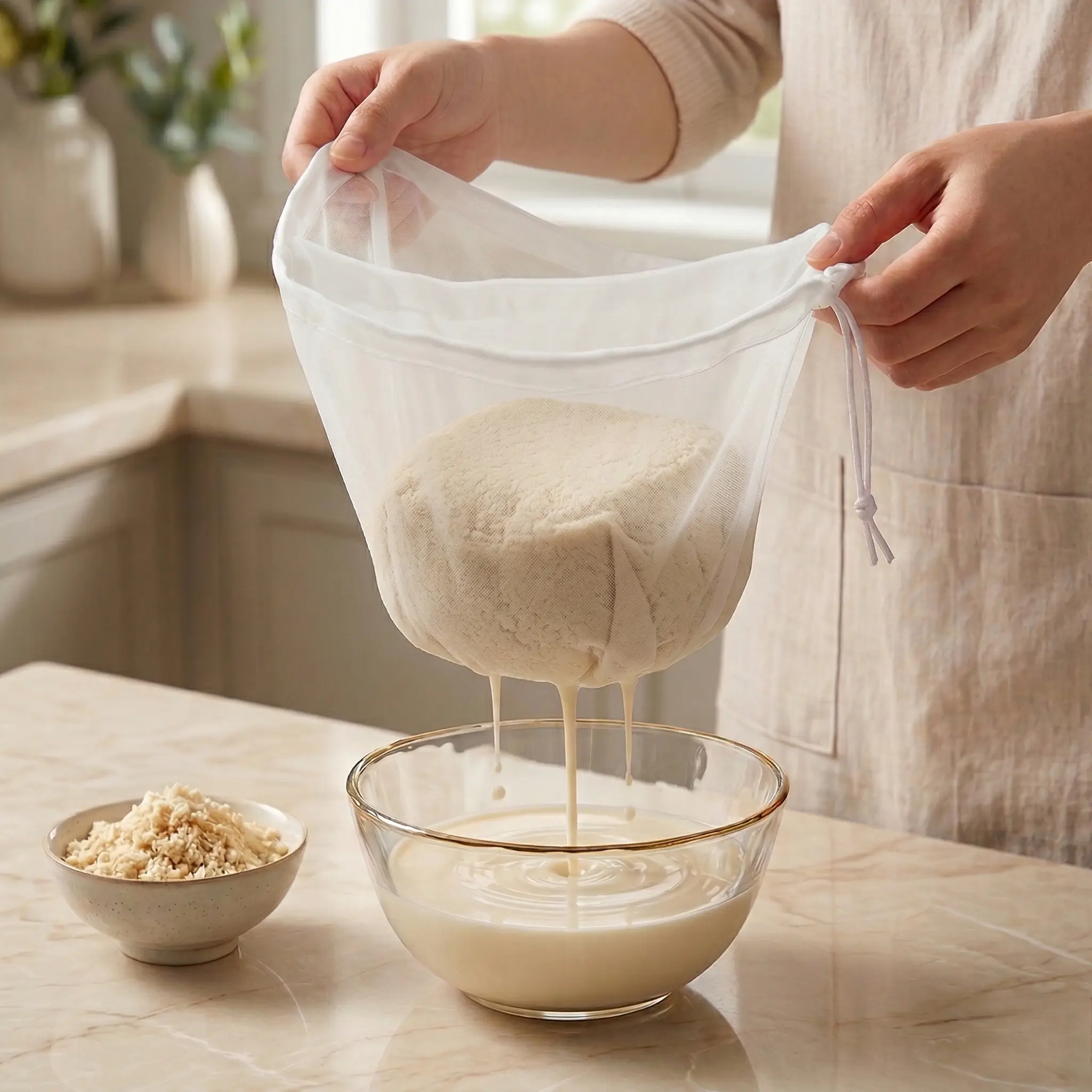 5Pcs Durable Nylon Reusable Food Filter Bags - Open Round Drawstring, Ultra-Fine, Compact Manual Kitchenware for Soup, Juice