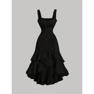 Women'S Vintage Ruffle Hem Dress - Peach, Sleeveless, Tiered Layer, Romantic Back to & Prom Outfit, Polyester Lining, Backless Design with Lace Detail, Dress |   Ruffle Hem Dress |   Lace Detailing, Vintage Dress Formal Solid Womenswear Workwear