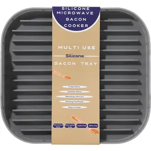 Food-Grade Silicone Microwave Bacon Cooker Tray with Deep Grease-Draining Grooves, Easy-Clean for Bacon Sausage Leftovers, 11 x 10 Inch, Gray