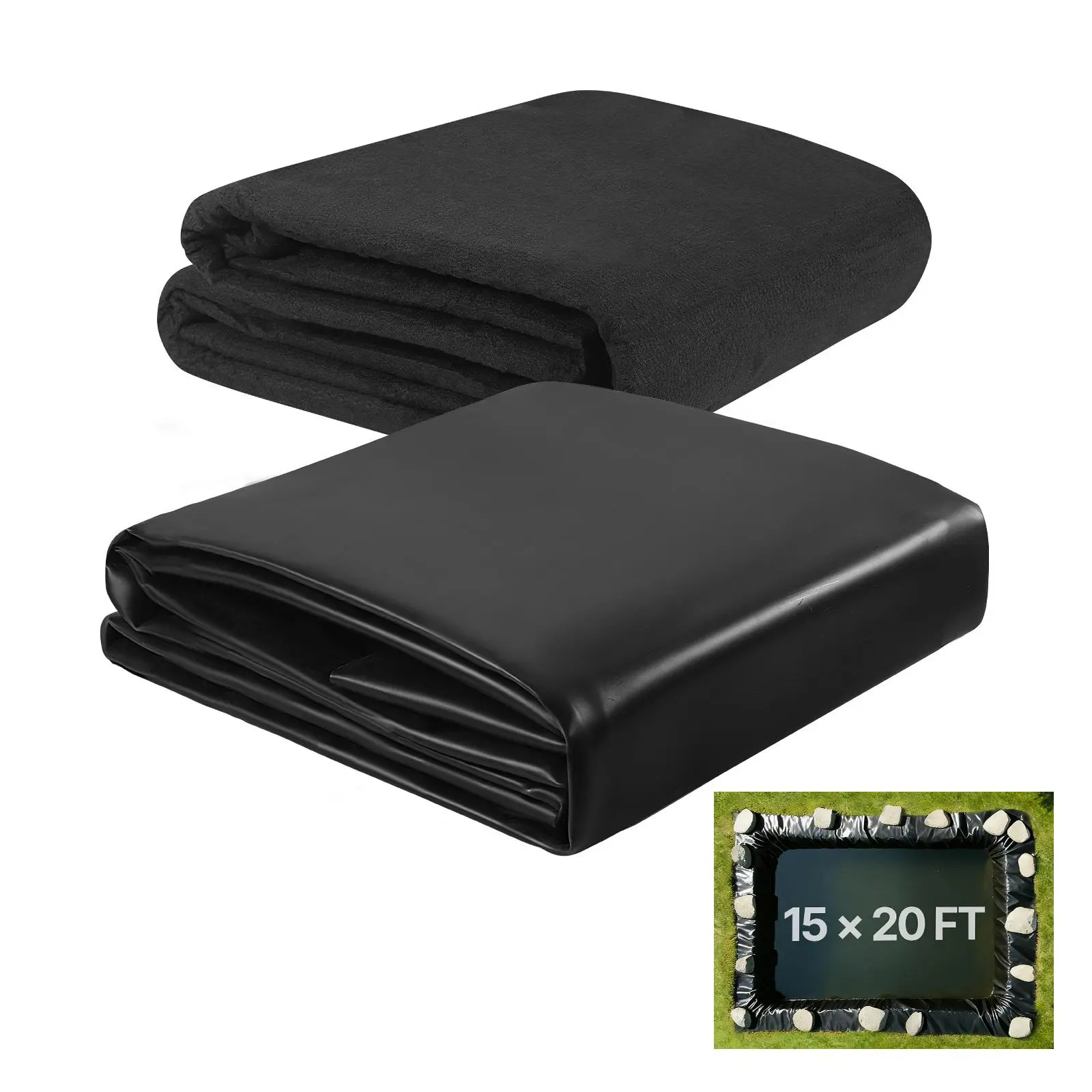 VEVOR 15x20 ft 45 Mil EPDM Rubber Pond Liner Combo with Nonwoven Fabric Underlayment, Easy to Cut, Durable, Leakproof, Tear-Resistant, Turtles-Fish Safe, Duck-Ready, Black Rectangular for Outdoor Ponds#SohoChic