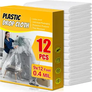 12 Pack Plastic Drop Cloth, 9x12 Ft Plastic Sheeting for Painting, Dust-Proof -Resistant Painters Plastics Tarp Cloth for Furniture Floor Sofa Protector Cover Durable & Thick