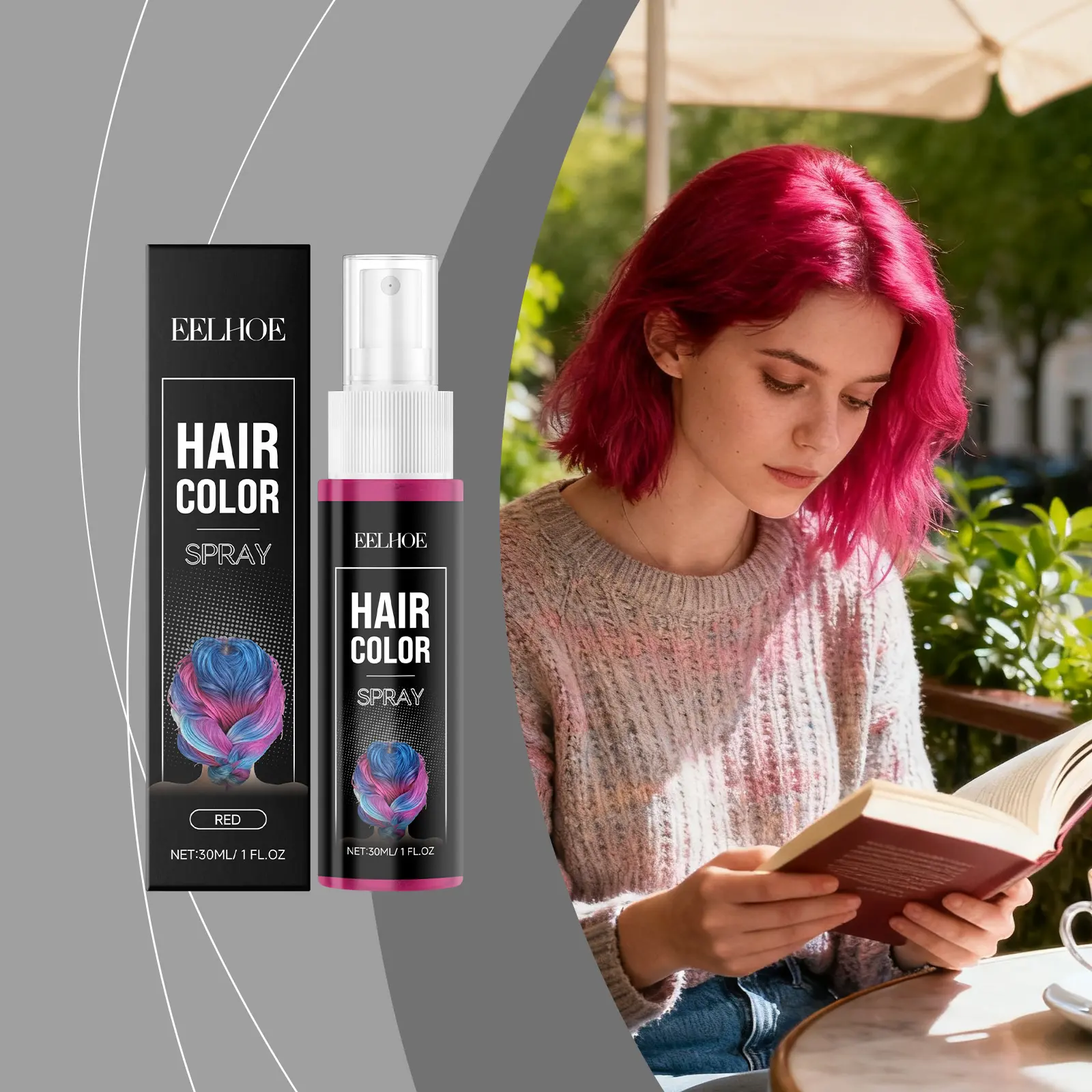 Red temporary hair color spray—unisex, instant hair color; quick-drying and easy to wash out; ultra-fine mist ensures even coverage; travel size (30ml).
