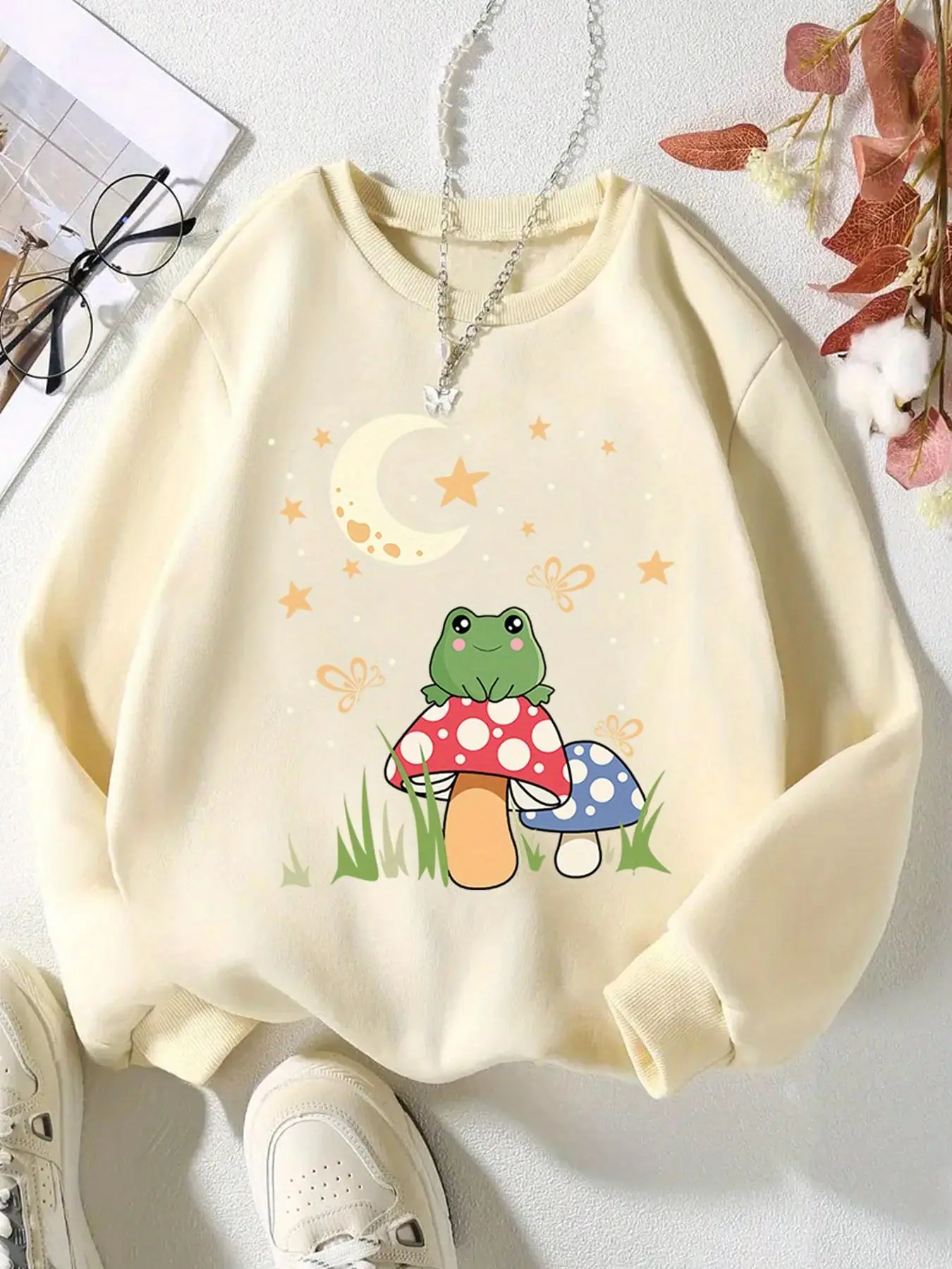Girl's Cartoon Frog & Mushroom Print Sweatshirt, Casual Long Sleeve Round Neck Pullover for Spring & Fall, Kids Clothes for Daily Wear, Going Out Outf