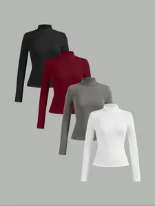 Women's Fall Winter Casual High Neck Turtleneck Long Sleeve Slim Fit Four-Piece Set, Plain Color Essential T-Shirt, Ideal for Daily Commuting and Layering