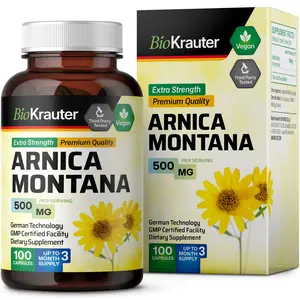 BioKrauter Arnica Montana Supplement 500 MG - 100 Capsules for Bruising & Swelling Relief - Vegan, US Healthcare, Edible, Natural