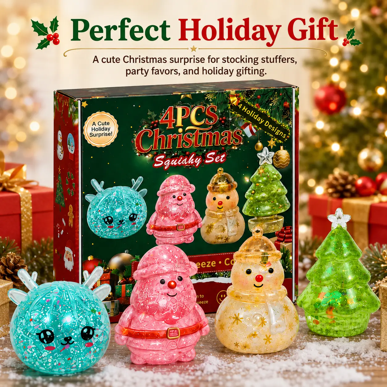 Christmas 4-Pack Squishy Toys, Slow-Rebound Stress Relief Fidget Toys, Soft Sensory Squeeze Toys, 4 Festive Holiday Designs, Christmas Gift Set, Stocking Stuffers for Kids & Adults