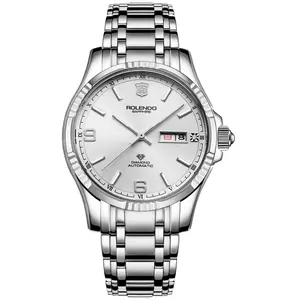 Polished Silver Fluted Bezel Automatic Men Watch, Brushed Silver Dial Mixed Arabic & Baton Hour Markers Day & Date Dual Display Window, Multi-Row Solid Stainless Steel Link Bracelet, Waterproof Classic Business Casual Dress Watch Gentleman Daily Gift