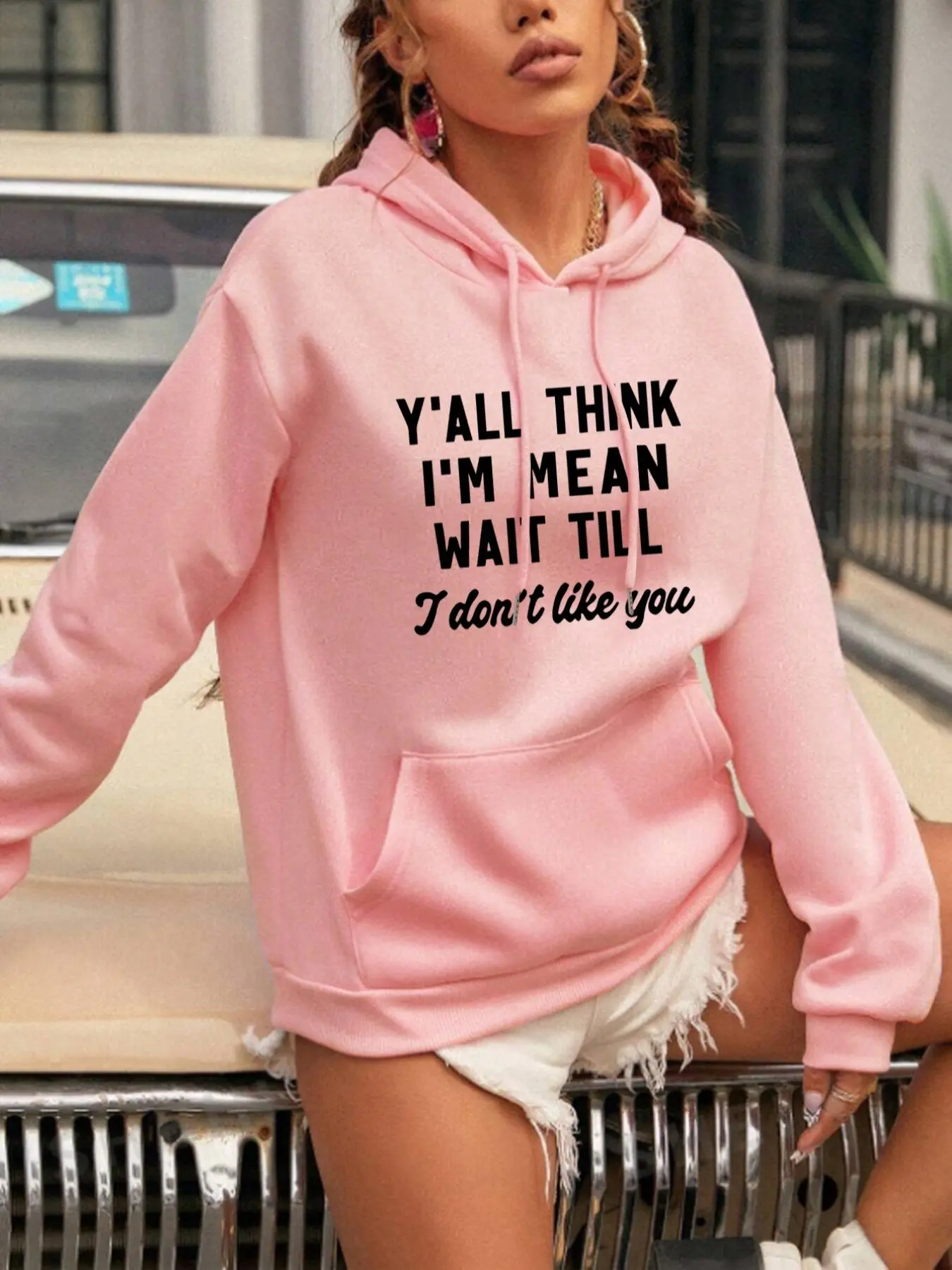 Women's Letter Print Drop Shoulder Drawstring Fashion Hoodie, Casual Long Sleeve Pocket Hooded Sweatshirt, Ladies Fall & Winter Clothes, Graphic Print Hoodie