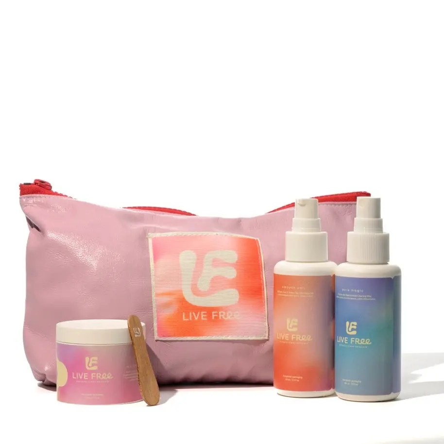 Organic 3-Step Skincare Set with Hyaluronic Acid for Acne Prone, Sensitive Skin - Non-Toxic, Vegan Cleanser, Toner, Moisturizer & Pouch