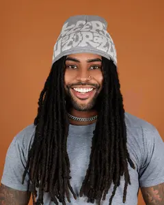 Grey White Satin Lined Logo Beanie