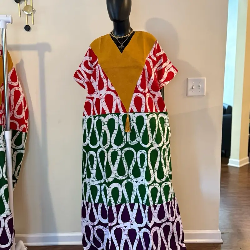 Adwoa Vibrant Cotton Ankara & ASOKE Bubu with Scarf 62" - Red Cotton Fabric with Matching Scarf & Side Slits