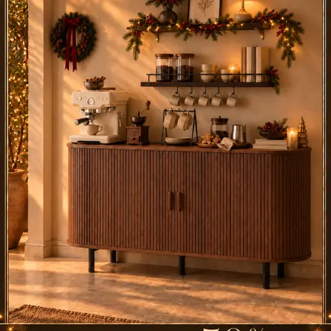 【Sliding Doors Design】ONBRILL 40/48/55/63" Gorgeous Fluted Buffet Cabinet, Coner Coffee Bar With Storage,  Mid Century Modern Sideboard with Adjustable Shelf, Accent Wood Console Table for Kitchen Entryway Living Room Furniture【Black Friday】