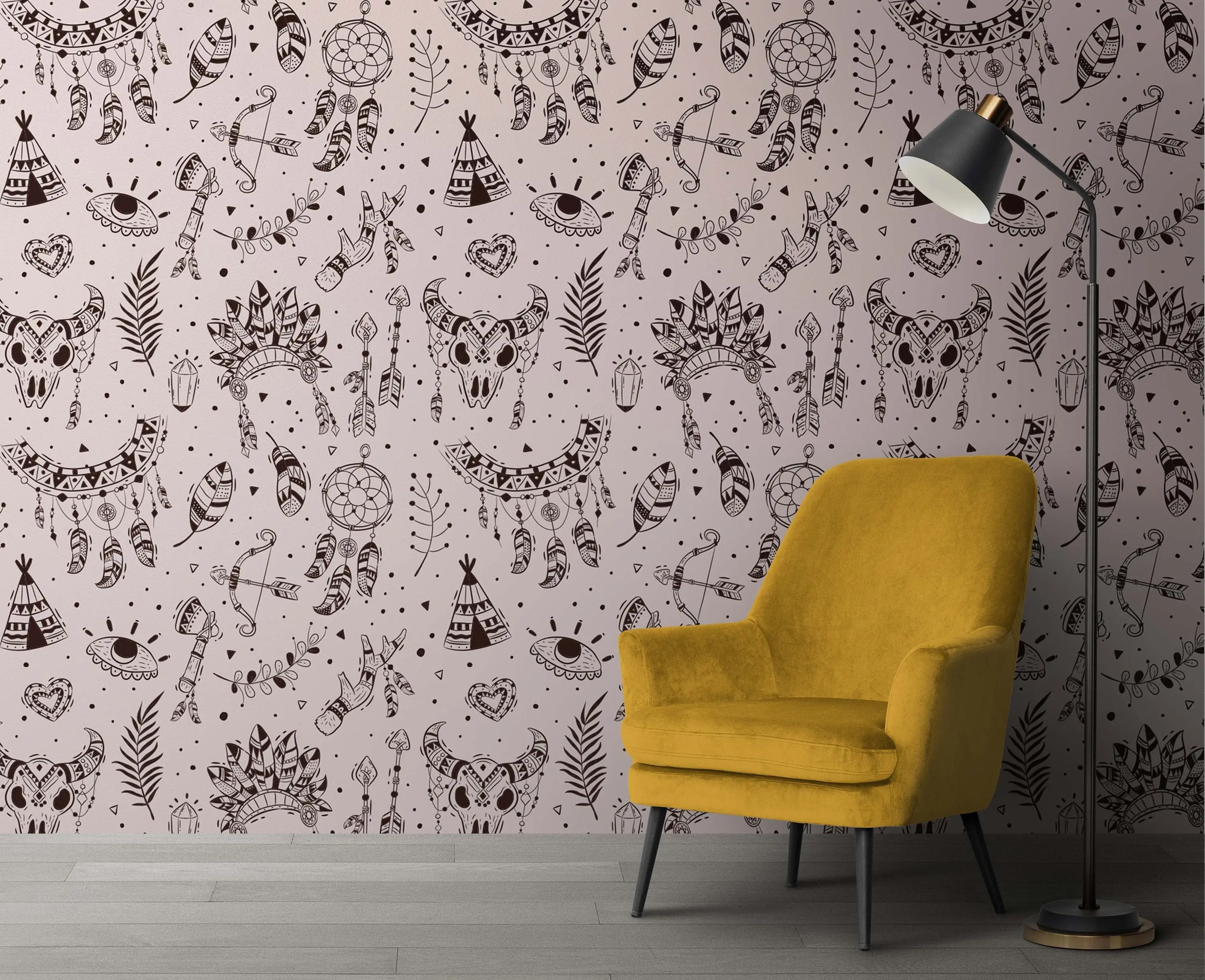 Boho Tribal Wallpaper Peel and Stick Native Americans Symbols Mural, KL0062