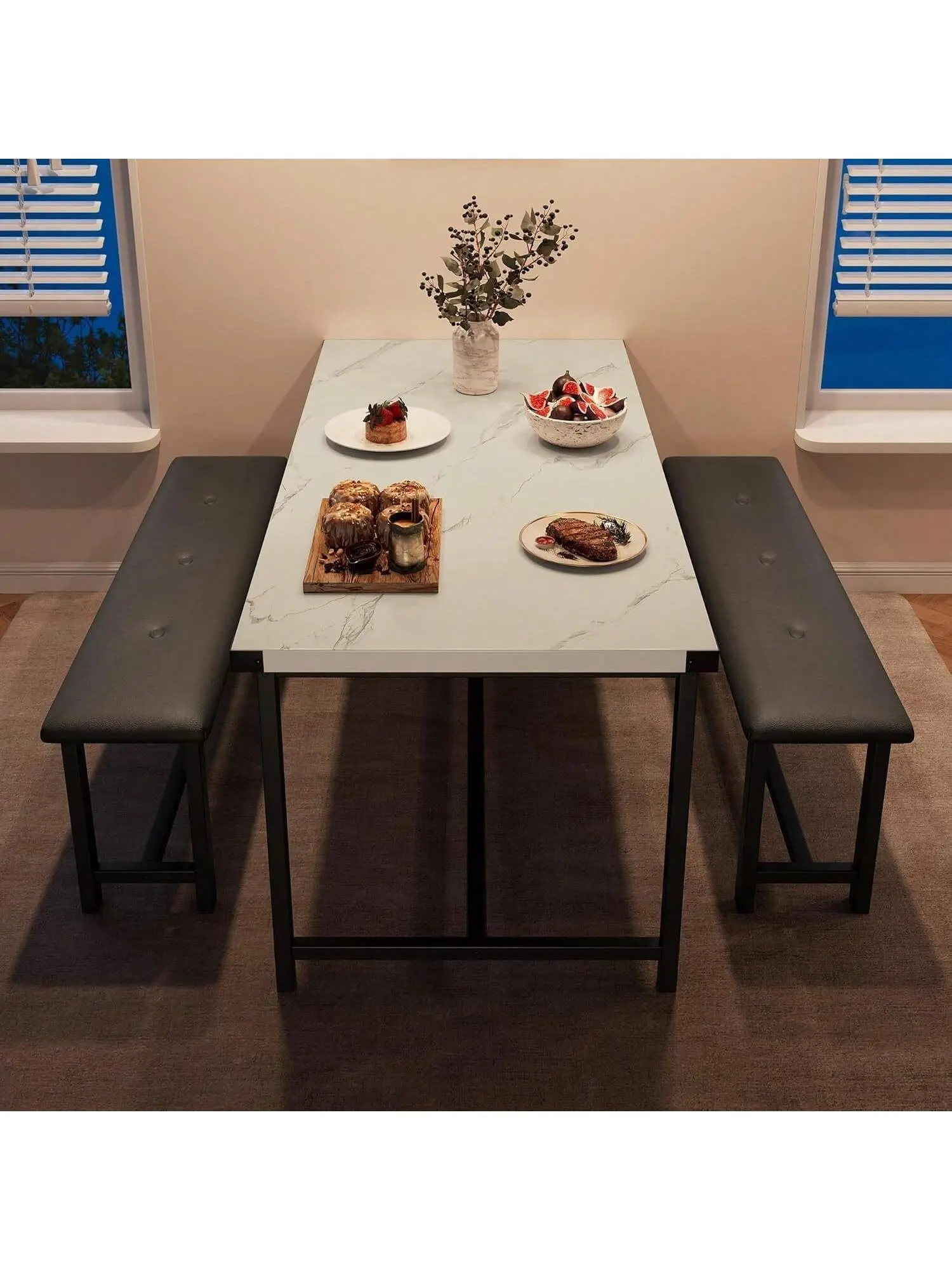 GARVEE Vintage Rectangle Compact Small Dining Table Set - Includes Table, 2 Upholstered Benches for 4, Ergonomic Furniture for Small Spaces, Apartments