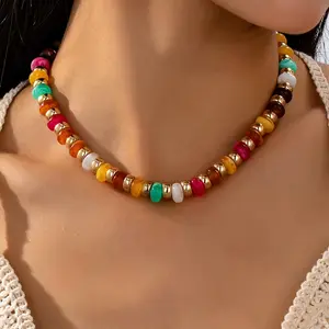 Golden Accent Rainbow Necklace  | Preppy Colorful Beaded Choker | Perfect for Beach & Festival Looks