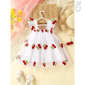 ERT-[6M-4Y Girls' Cherry Dress] Lightweight Summer Girls' 6M-4Y Cherry Print Tulle Dress |     Square Neck & Puff Sleeves, White with Red & Green Cherry Embellishments |     Perfect for Beach or Picnics