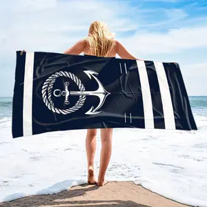 1pc Thickened Beach Towel - Nautical Coastal Design with Anchors & Stripes, Super Soft, Highly Absorbent, Quick-Drying, Durable & Portable for Beach, Pool, Camping, Bathroom - Perfect Summer Gift for Family & Friends