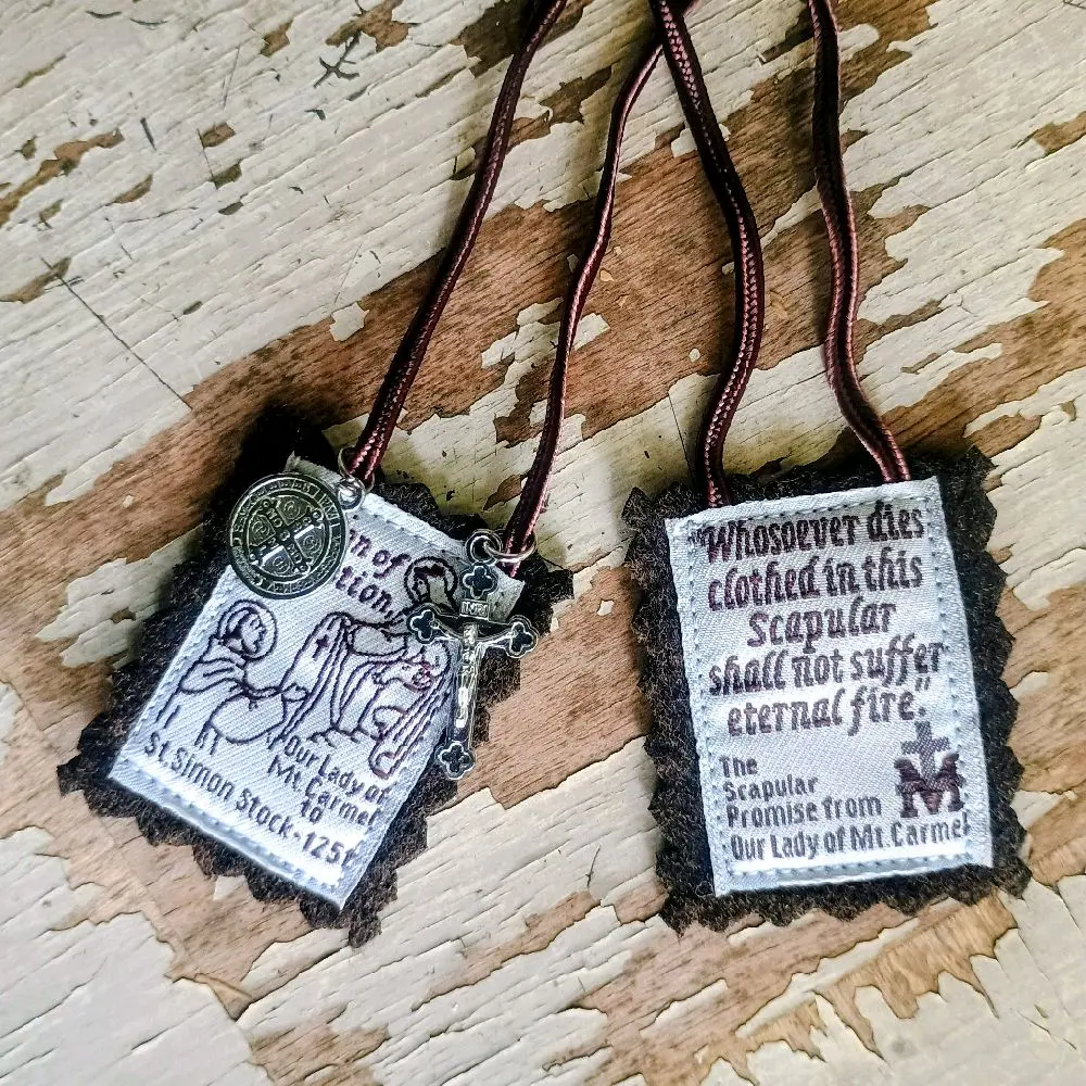 Brown Fabric Spiritual Scapular with St. Benedict Medal, Crucifix - Traditional Christianity Classic Religious Decorations for Home Display, Daily Wear