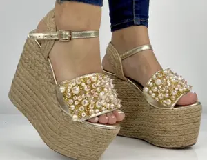 Moni 5inches Platform Shoes 100% Colombianas Peep Toe Gold Details Pearl Crystal Decoration Elegant Women's Sandals for Special Occasions