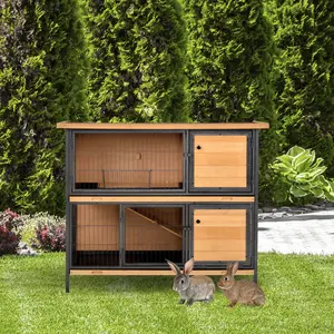 PawHut 48" 2-Story Large Rabbit Hutch Bunny Cage Wooden Pet House Metal Frame with Individual Room, Ramp, No Leak Tray, Feeding Trough, Waterproof Asphalt Roof for Outdoor/Indoor